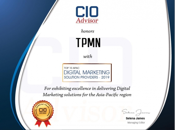 디지털 마케팅 솔루션 제공 기업 APAC 지역 Top 10 중 올해의 기업선정 인증서