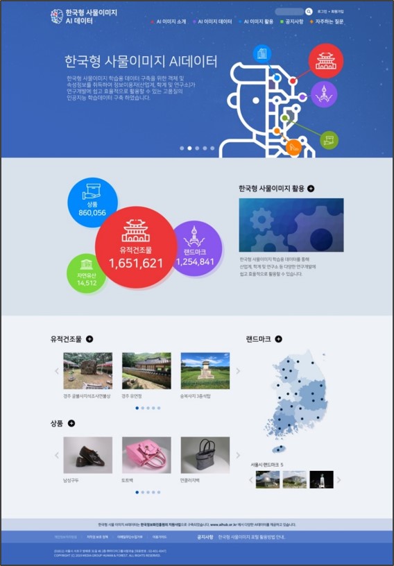 1월, AI 허브 홈페이지에 공개된 한국형 사물이미지 AI데이터 서비스 페이지