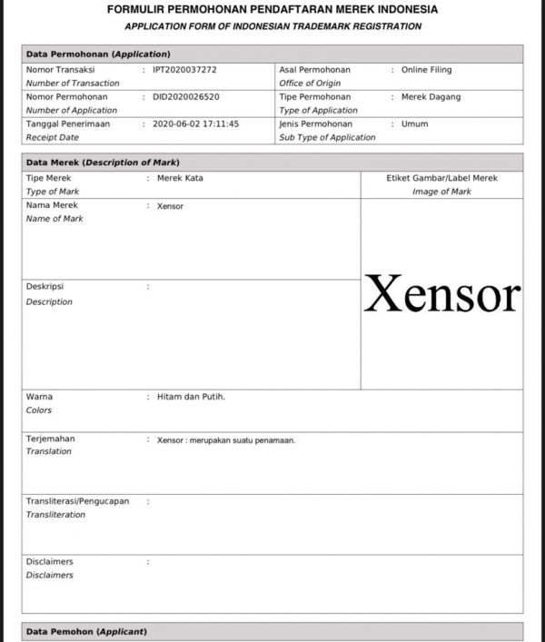 젠서(xensor)의 인도네시아 상표 출원 문서