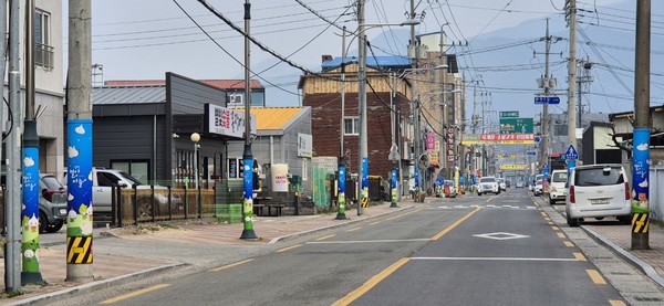 신녕면 일원 전신주와 가로등 등에 ‘영천별아마늘’ 디자인의 광고물 부착 방지 시트가 설치된 모습[영천시 제공]