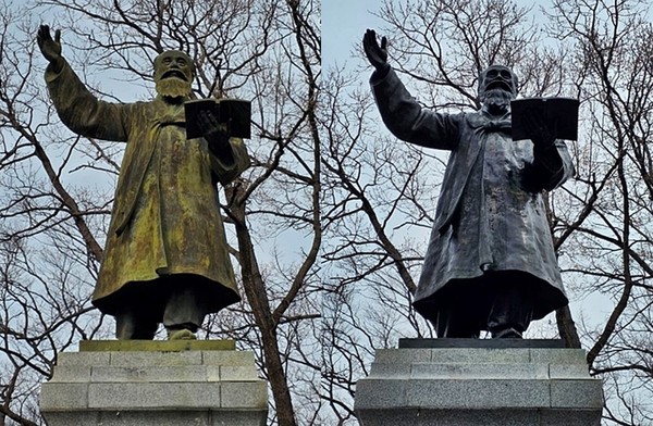 황성공원 내 최시형 선생 동상, 정비 전(좌측)과 정비 후 모습.[경주시 제공]